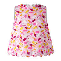 Bobbie's Shoppe pink cotton short set with ice cream and popsicle print, featuring scalloped edges.