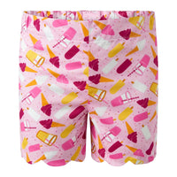 Bobbie's Shoppe pink cotton shorts with all-over ice cream and popsicle print, featuring scalloped hem.