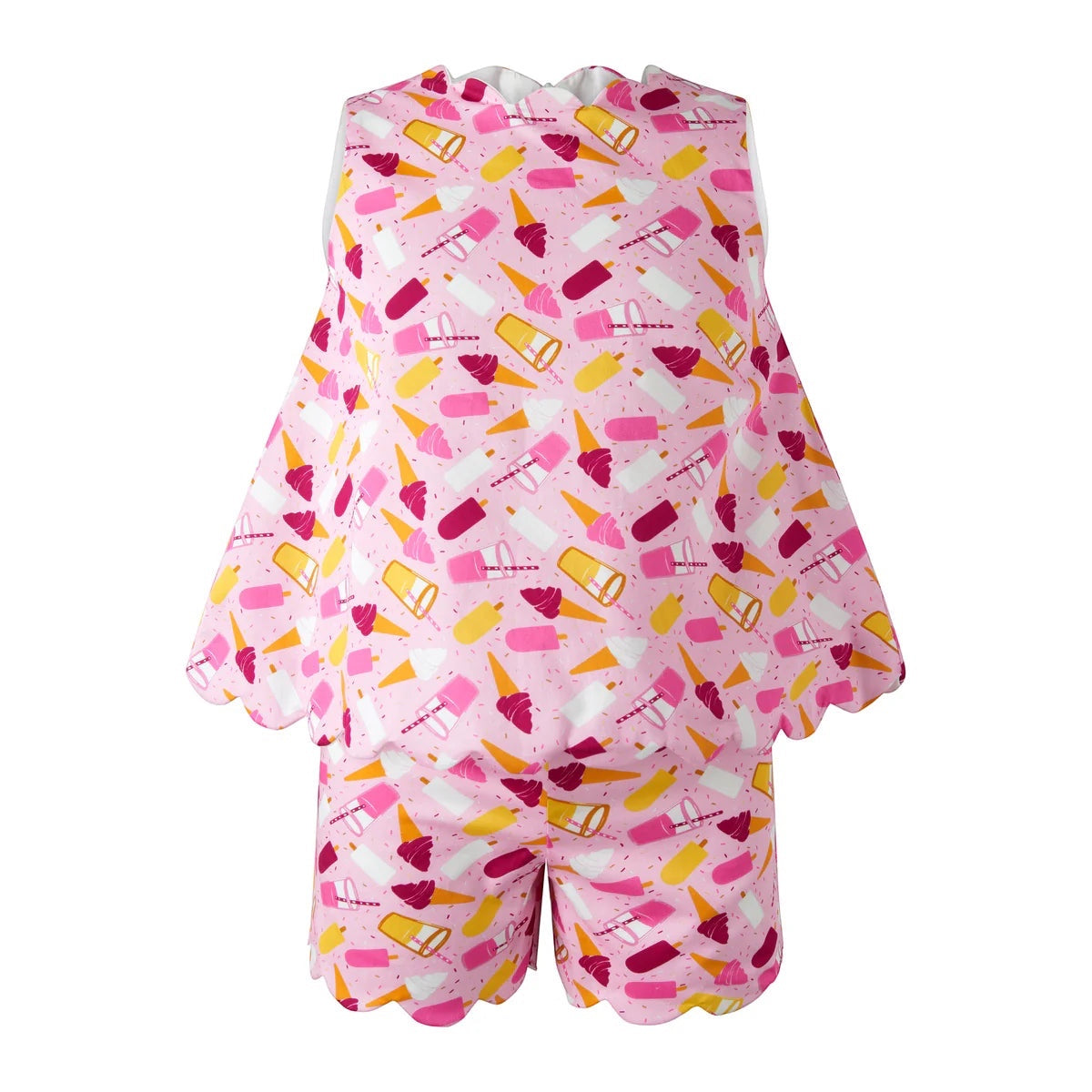 Bobbie's Shoppe pink cotton short set with ice cream print and scalloped edges. Sleeveless top and coordinating shorts.