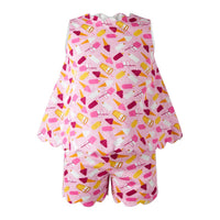 Bobbie's Shoppe pink cotton short set with ice cream print and scalloped edges. Sleeveless top and coordinating shorts.