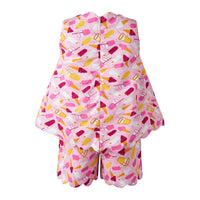 Bobbie's Shoppe pink cotton short set with ice cream print, sleeveless top with scalloped hem, and coordinating shorts.