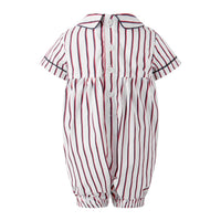Bobbie's Shoppe red, white, and blue striped cotton babsuit with Peter Pan collar and smocked sailboat detail.