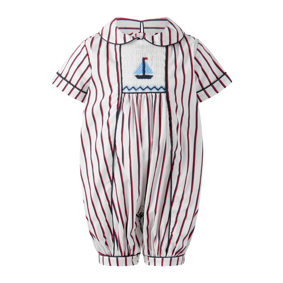Bobbie's Shoppe red, white, and blue striped cotton babysuit with hand-smocked sailboat detail and Peter Pan collar. Classic children and baby clothes.