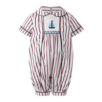 Bobbie's Shoppe red, white, and blue striped cotton babysuit with hand-smocked sailboat detail and Peter Pan collar. Classic children and baby clothes.