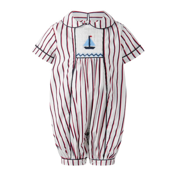 Bobbie's Shoppe red, white, and blue striped cotton babysuit with hand-smocked sailboat detail and Peter Pan collar. Classic children and baby clothes.