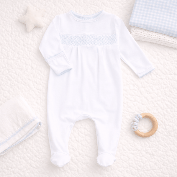 Baby Boy Smocked White Footie with Blue Trim - Soft Pima Cotton