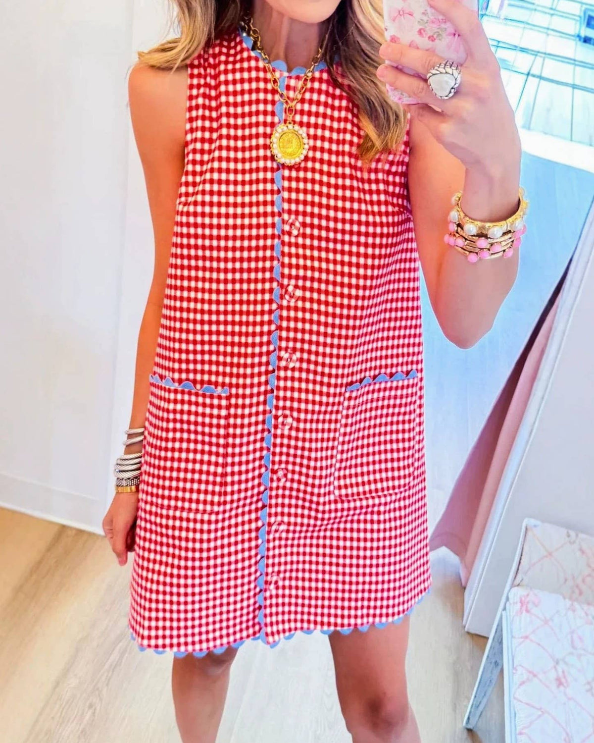 Gingham Contrast Scallop Trim Picnic Mini Tank Dress