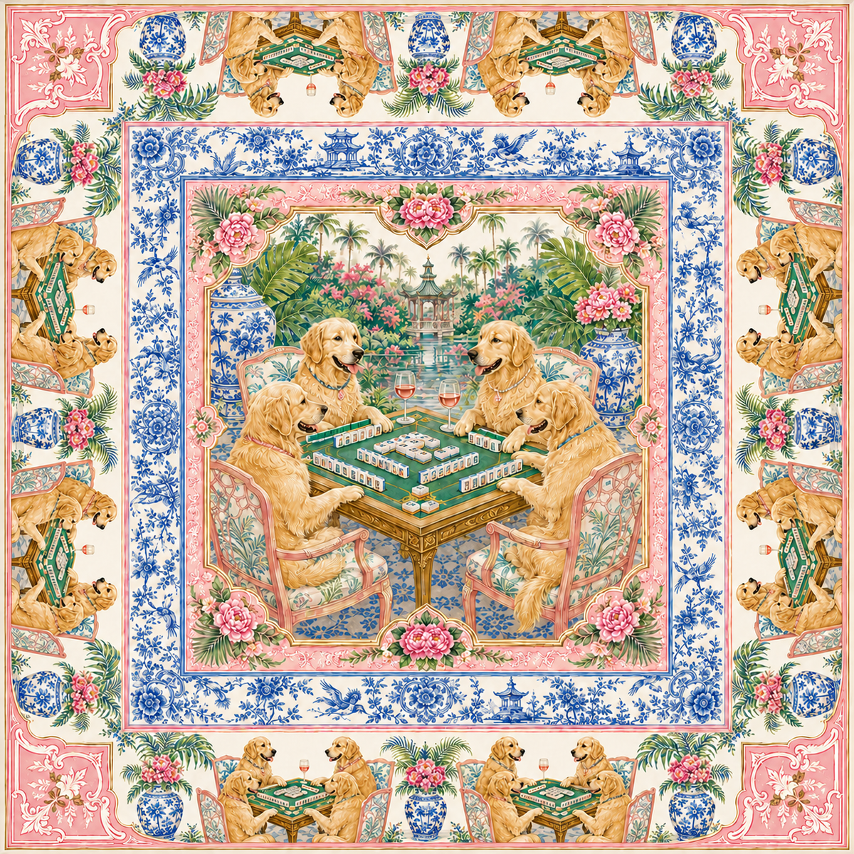 The Golden Standard — Golden Retriever Chinoiserie Mahjong Mat | Paws & Tiles Collection