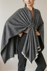Slate Fringe Poncho Warm Open Front Shawl Cape