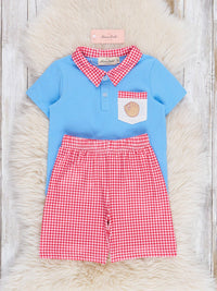 Baseball Gingham Embroidered Pocket Outfit