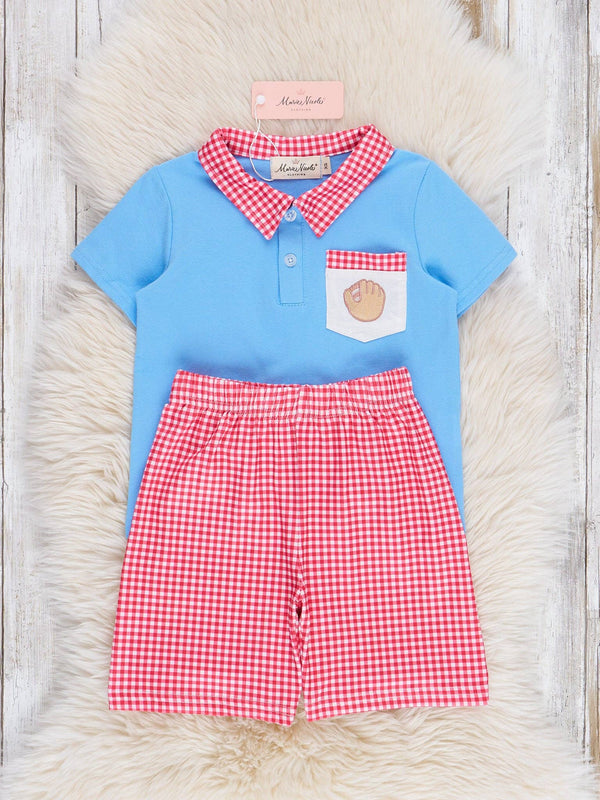 Baseball Gingham Embroidered Pocket Outfit