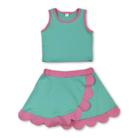 Sleeveless mint pink scallop kids girls active wear set