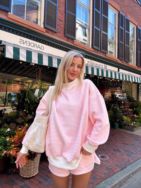 Light Pink and White Big Striped Mockneck Sweatshirt