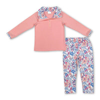 Pink floral pocket zip pullover pants girls clothing set