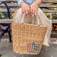 MINI WOVEN TOTE BAG WITH EMBROIDERED SARDINE CAN