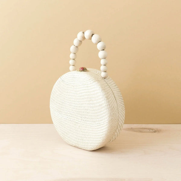 Oat Round Classic Handbag with Bead Handle - Woven Purse