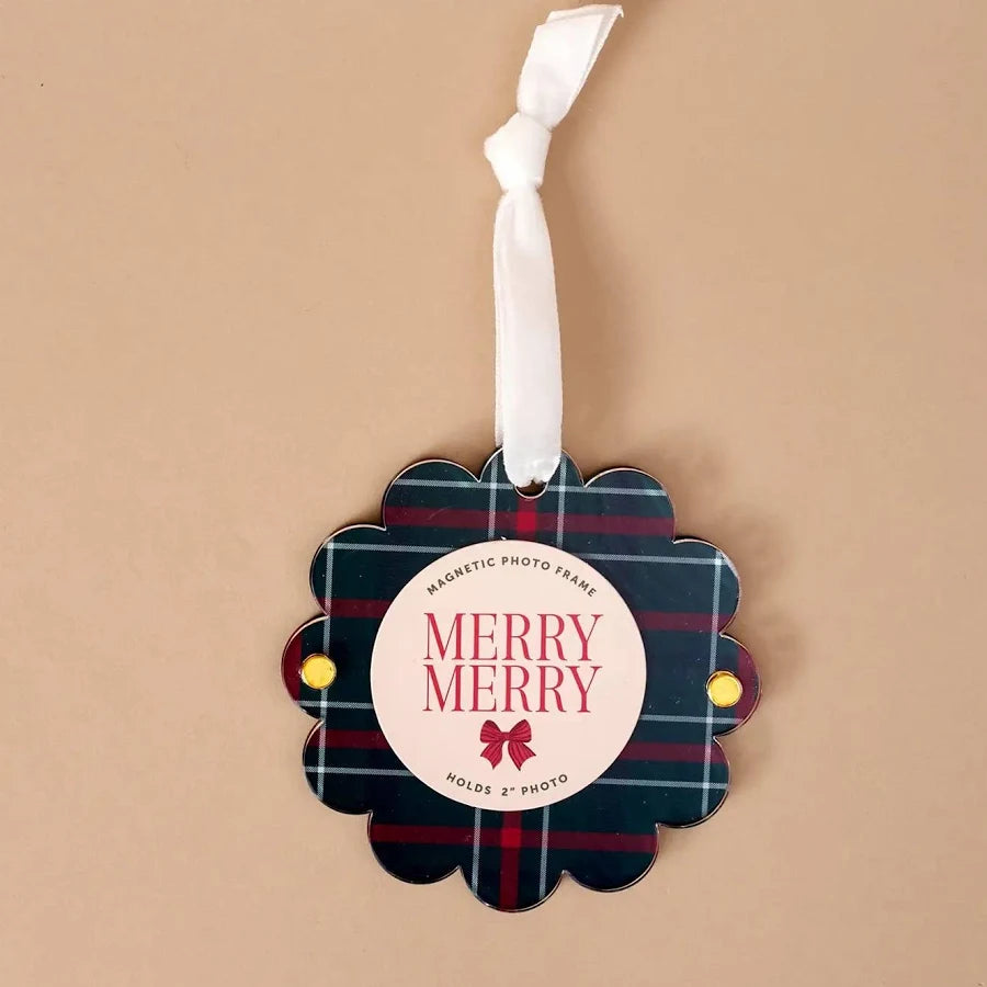 Evergreen plaid - Scalloped Round Picture Frame Ornament