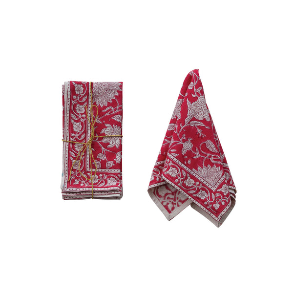 Cotton Block Print Napkins with Floral Pattern